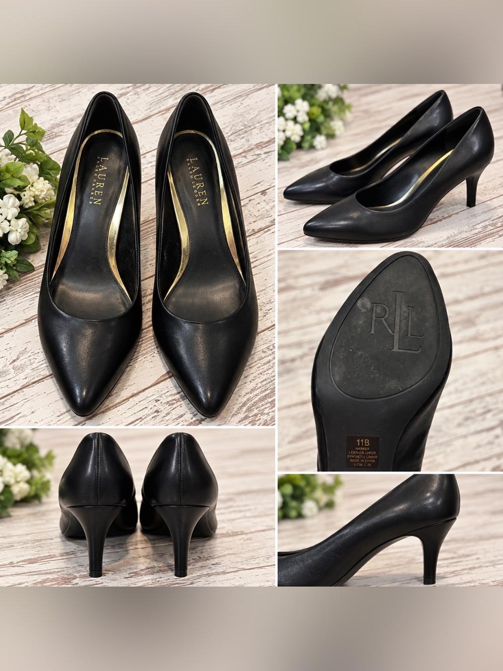 Lauren Ralph Lauren Black Pointed-Toe Mid Kitten Heels